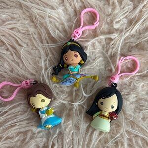 Disney Princess Keychain Trio - Jasmine, Belle, Mulan with Pink Clips